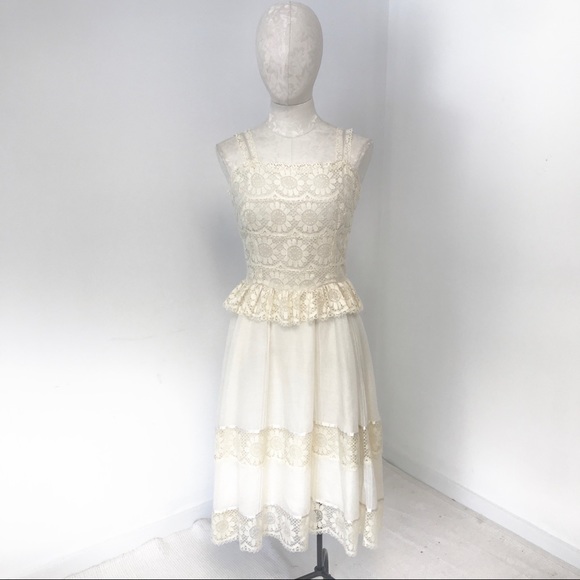 70s Vintage S/M Boho Floral Lace Midi Dress Cream - Picture 10 of 13